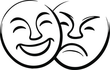 Minimal outline of two masks overlapping, happy and sad, thick clean stroke vector 1