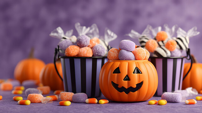 Lit jack-o'-lantern with candy buckets on purple background, celebrating Halloween with festive treats.