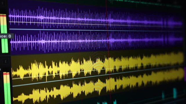 Audio waveform displayed on digital editing software, representing the process of recording, mixing, and songwriting in a music production studio.
