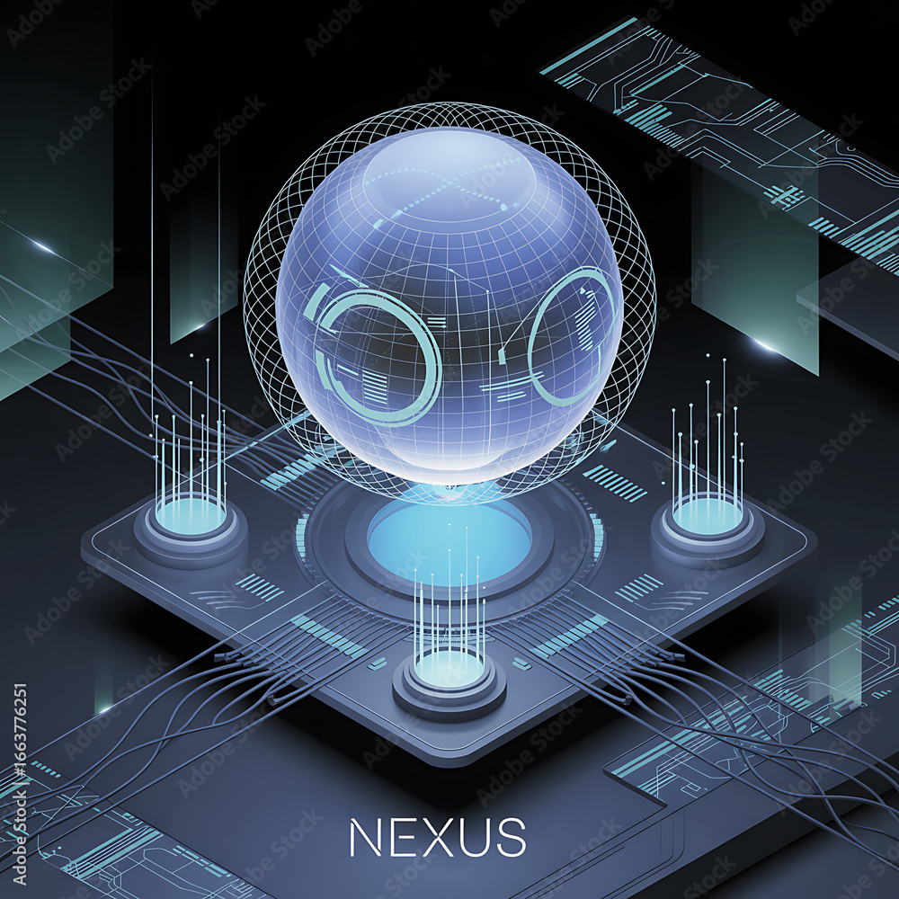 Poster sophisticated tech sphere with glowing circuits, visualizing future innovation and data connection n