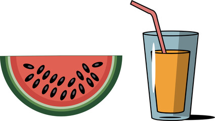 Glass of orange juice and slice of watermelon