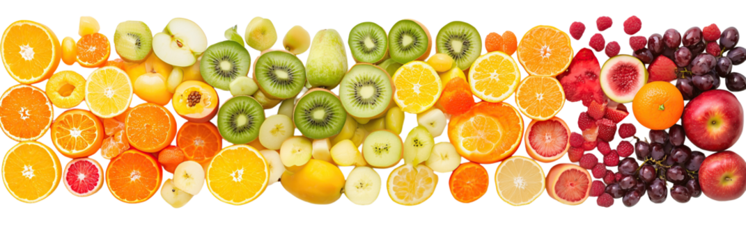 Fresh fruits sliced in colorful assortment with vibrant textures. Citrus, kiwi, grapes, and apples arranged in rainbow gradient. Healthy organic composition highlights natural vitamins and nutrition.