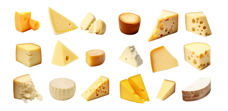 Assorted cheese varieties in wedges, wheels, and slices. Selection includes hard, soft, and semi-soft cheeses with textures and holes. Gourmet dairy food assortment isolated on black background.