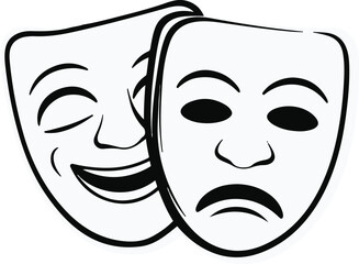 Minimal outline of two masks overlapping, happy and sad, thick clean stroke vector