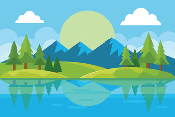 Obraz premium Tranquil mountain landscape with a serene lake reflecting lush green trees, a rising sun, and soft clouds, creating a peaceful and idyllic nature scene