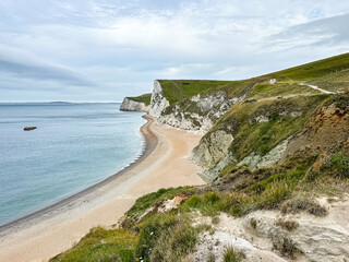 Bat's Head. Man O'War Beach and Durdle Door on Jurassic Coast, Dorset, England. Scenic bay surrounded by Jurassic Coast rocks. beautiful landscape and seascape view. Dorset coastline looking towards 