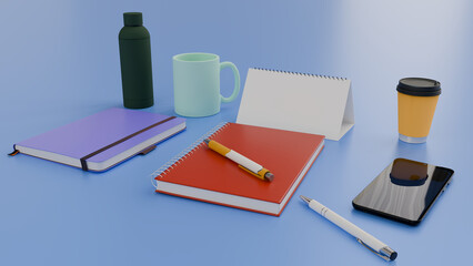 Work desk with notebooks, coffee and accessories