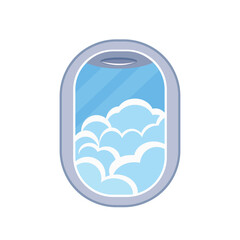 Cartoon airplane window, porthole on white background, isolate on white, simple illustration, flat style, minimalism, travel in the sky, clouds
