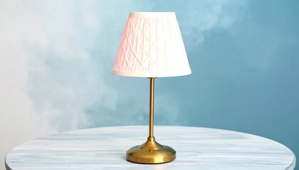 A decorative table lamp with a light beige shade and a gold-toned base sits on a round light-colored wooden table against a softly toned teal background.