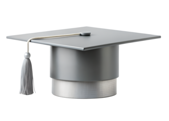A grey graduation cap with a tassel, isolated on transparent background, representing academic achievement and the completion of higher education studies