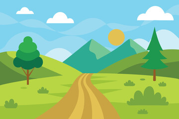 Fototapeta premium Cartoon landscape with rolling green hills, mountains, trees, a winding path, and fluffy clouds under a bright blue sky with a shining sun