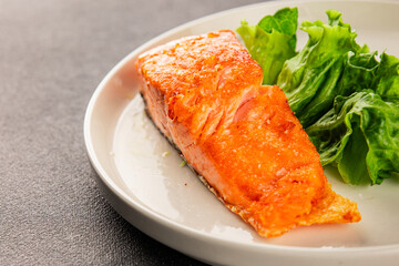 salmon fried fish seafood second course tasty snack fresh delicious gourmet food background on the table rustic food top view copy space pescetarian diet