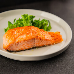 salmon fried fish seafood second course tasty snack fresh delicious gourmet food background on the table rustic food top view copy space pescetarian diet