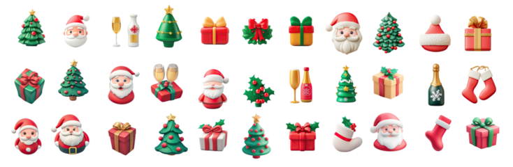 Christmas icons with Santa Claus, decorated trees, and festive gifts in bright colors. Holiday elements include champagne, stockings, and holly leaves. Celebration themed collection