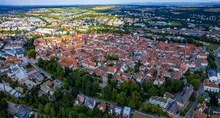Aerial view around the old town of the city Villingen-Schwenningen in Germany on am overcast noon...