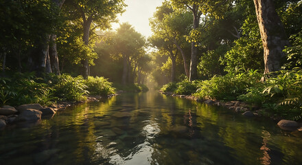 Obraz premium Tranquil River Meandering Through a Lush, Verdant Rainforest, Bathed in the Soft, Golden Glow of Sunset