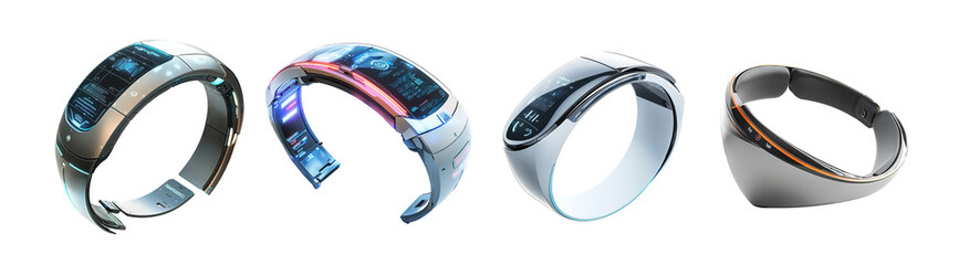 Futuristic smart wristbands with digital displays and glowing interfaces. High tech wearable gadgets designed for fitness, health, and communication.