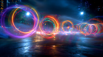 Abstract colorful light trails circles bokeh effect on wet city street at night long exposure photography