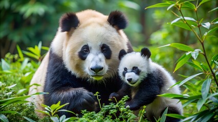 Obraz premium Mother panda with baby in forest