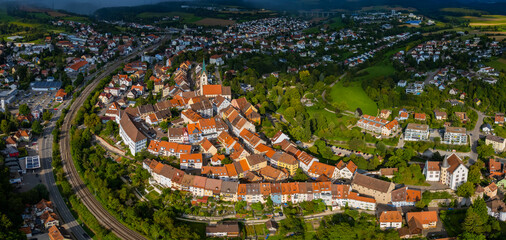 Aerial view around the old town of the city Engen in Germany on am overcast noon in summer.	
