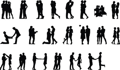 Silhouette couples in romantic poses, valentine love concept, wedding engagement moment, relationship emotions design
