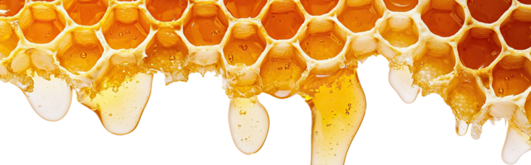 Golden honeycomb dripping with fresh sweet honey in closeup view. Natural hexagonal wax structure filled with liquid nectar. Organic beekeeping product displayed on black background for food concept.