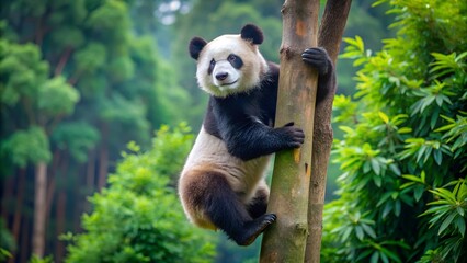 Panda climbing up a tree trunk