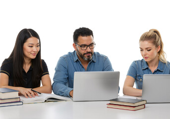Obraz premium Diverse group of students learning together with laptops and books on a transparent background