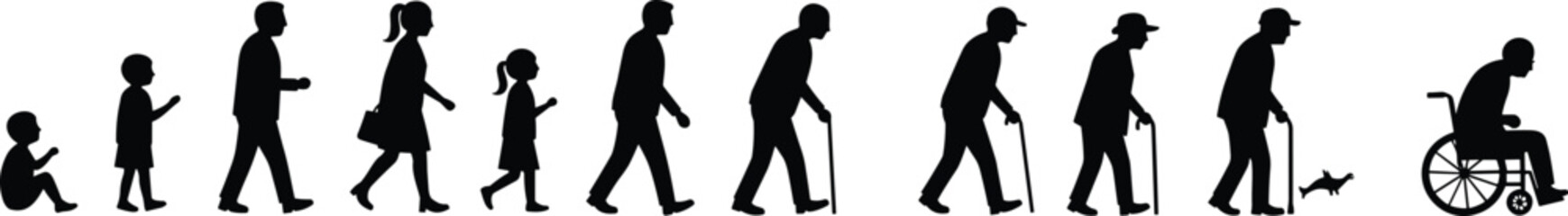 Silhouette evolution of human life stages from baby to elderly with walking stick and wheelchair, aging process concept illustration