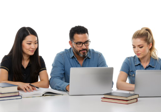 Diverse group of students learning together with laptops and books on a transparent background