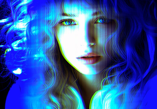 Blue Cyberpunk Glitch Image Effect Glow Lines Portrait