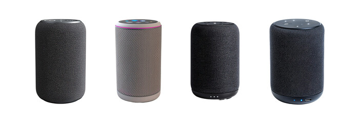 Smart wireless speakers with cylindrical design and fabric covers. Modern Bluetooth audio devices with touch controls and LED indicators. Portable home sound system collection displayed on white
