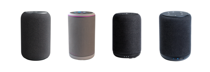 Smart wireless speakers with cylindrical design and fabric covers. Modern Bluetooth audio devices with touch controls and LED indicators. Portable home sound system collection displayed on white
