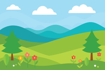 Obraz premium A beautiful cartoon landscape with green hills, trees, flowers, and a blue sky with clouds, perfect for a peaceful and idyllic nature scene