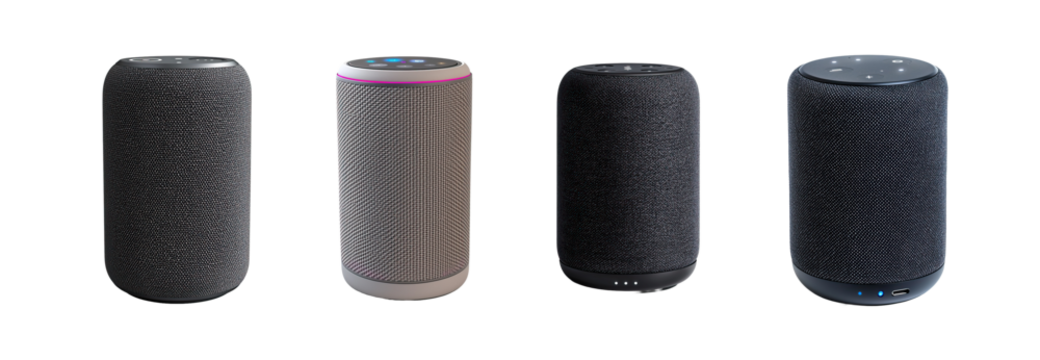Smart wireless speakers with cylindrical design and fabric covers. Modern Bluetooth audio devices with touch controls and LED indicators. Portable home sound system collection displayed on white