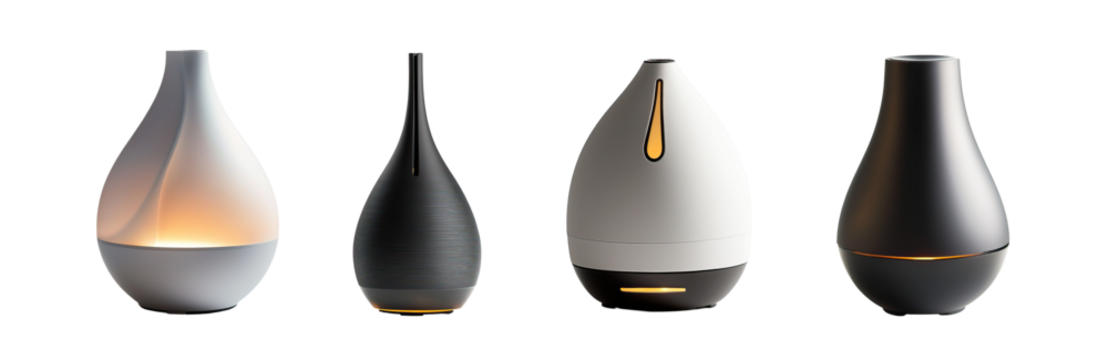 Modern aroma diffusers with elegant teardrop design and LED lights. Stylish humidifiers for essential oils blending function with home decor.