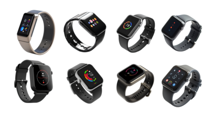 Smartwatches with digital displays showing apps and health tracking features. Modern wearable devices designed with sleek straps and touch screens.