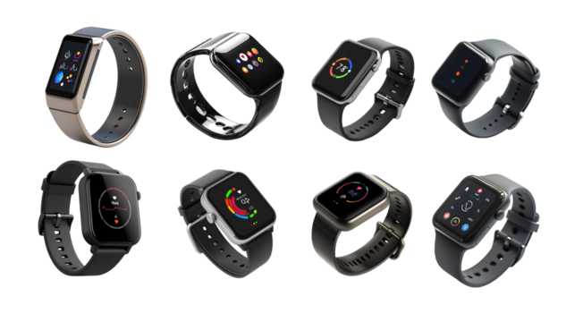 Smartwatches with digital displays showing apps and health tracking features. Modern wearable devices designed with sleek straps and touch screens.