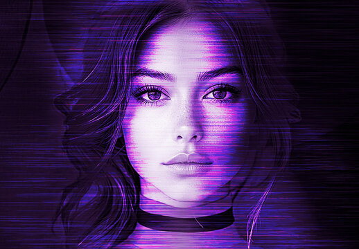 Purple Cyberpunk Glitch Image Effect Scan Futuristic Lines Portrait
