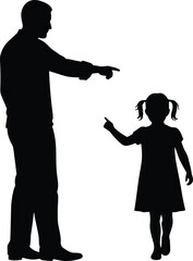 Silhouette of adult guiding child, pointing gesture, teaching moment, parenting communication, isolated white background, learning interaction, vector pose