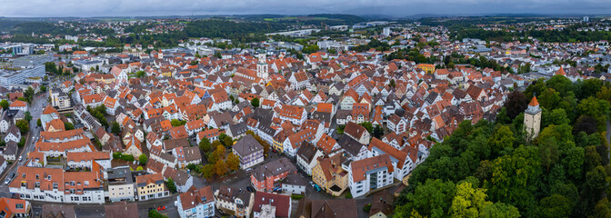 Aerial view around the old town of the city Biberach, 88400 in Germany on am overcast afternoon in summer.	