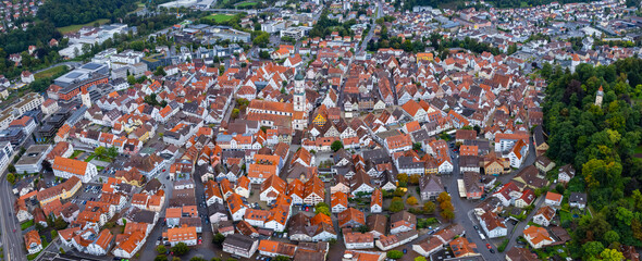 Aerial view around the old town of the city Biberach, 88400 in Germany on am overcast afternoon in...