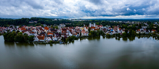 Aerial view around the old town of the city Bad Waldsee, 88339 in Germany on am overcast afternoon...