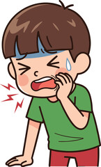 Cartoon Vector Illustration of Crying Child with Facial Pain Holding Cheek, Green Shirt, Red Pants, and Tear Symbol on White Background