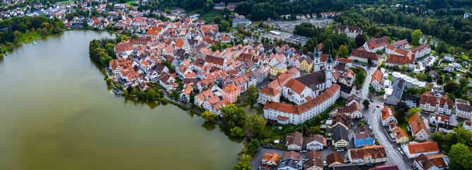 Aerial view around the old town of the city Bad Waldsee, 88339 in Germany on am overcast afternoon in summer.	