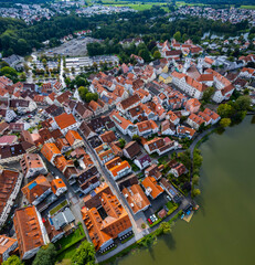 Aerial view around the old town of the city Bad Waldsee, 88339 in Germany on am overcast afternoon...