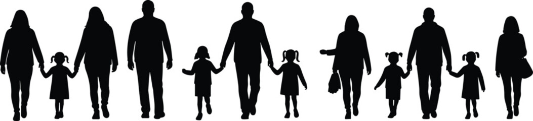 Silhouette of diverse families walking together, parents and children holding hands, unity, love, bonding, isolated on white background