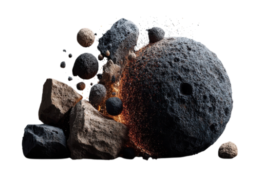 Steroids and space rocks colliding in a cosmic event illustration on transparent background