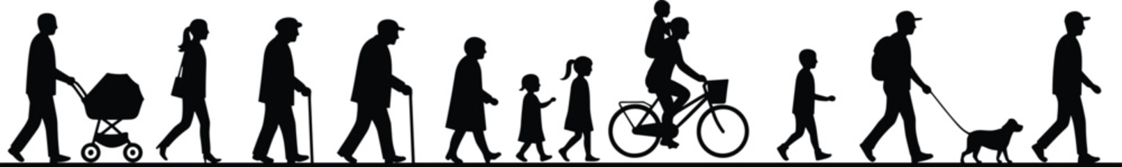 Silhouette of diverse people walking with family, baby stroller, pets, and bike, representing everyday life, community, and transportation