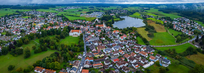 Aerial of the city Kißlegg in Germany on a cloudy day in summer